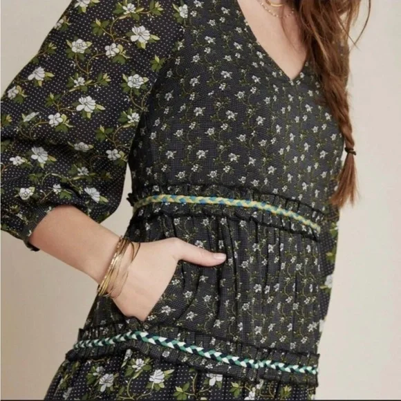 Anthropologie Tiered Maxi Bohemian feminine floral green spring dress Sz 4 Small - Picture 4 of 4